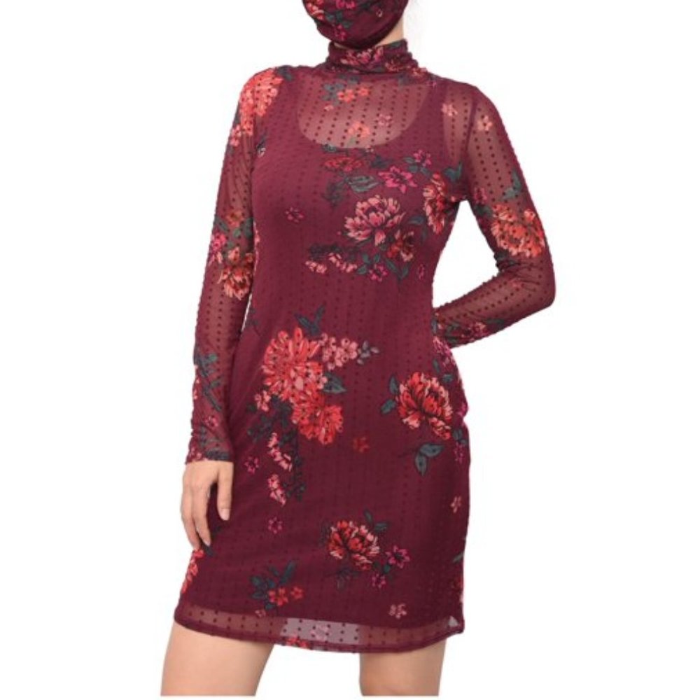 Planet Gold Maroon Floral Long Sleeve Mini Dress